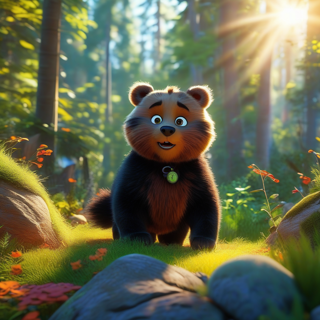 Cat Bear. The expression is serious. Forest background. Pixar animation style, ultra-realistic rendering, high-angle shooting, bright colors, Disney 3D cartoon style, direct sunlight, wide-angle lens, dynamic capture, bright colors, harmonious and natural.
