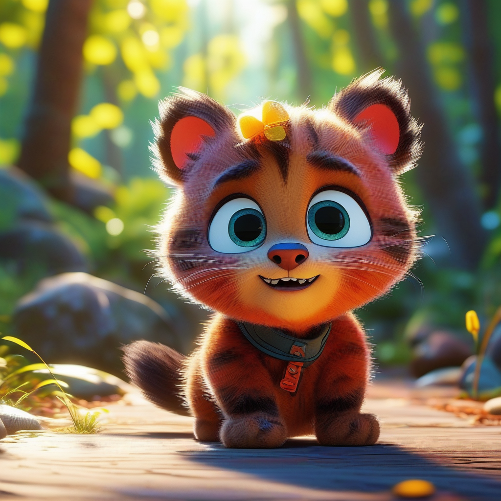 Cat Bear. The expression is serious. Forest background. Pixar animation style, ultra-realistic rendering, high-angle shooting, bright colors, Disney 3D cartoon style, direct sunlight, wide-angle lens, dynamic capture, bright colors, harmonious and natural.