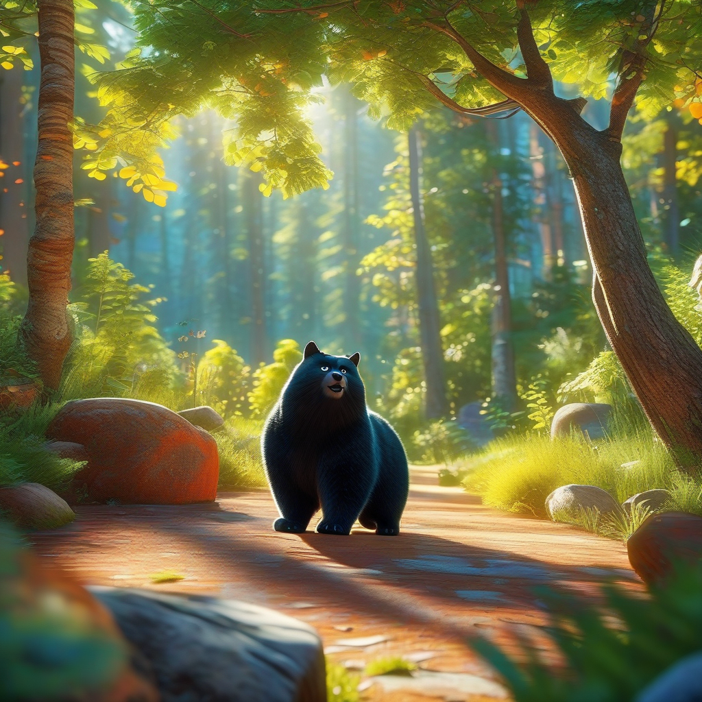 Cat Bear. The expression is serious. Forest background. Pixar animation style, ultra-realistic rendering, high-angle shooting, bright colors, Disney 3D cartoon style, direct sunlight, wide-angle lens, dynamic capture, bright colors, harmonious and natural.