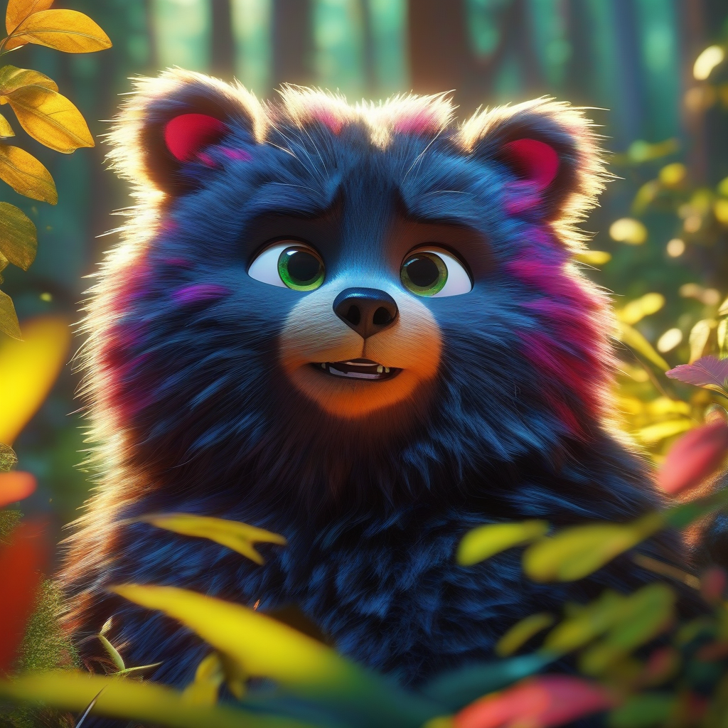 Cat Bear. The expression is serious. Forest background. Pixar animation style, ultra-realistic rendering, high-angle shooting, bright colors, Disney 3D cartoon style, direct sunlight, wide-angle lens, dynamic capture, bright colors, harmonious and natural.