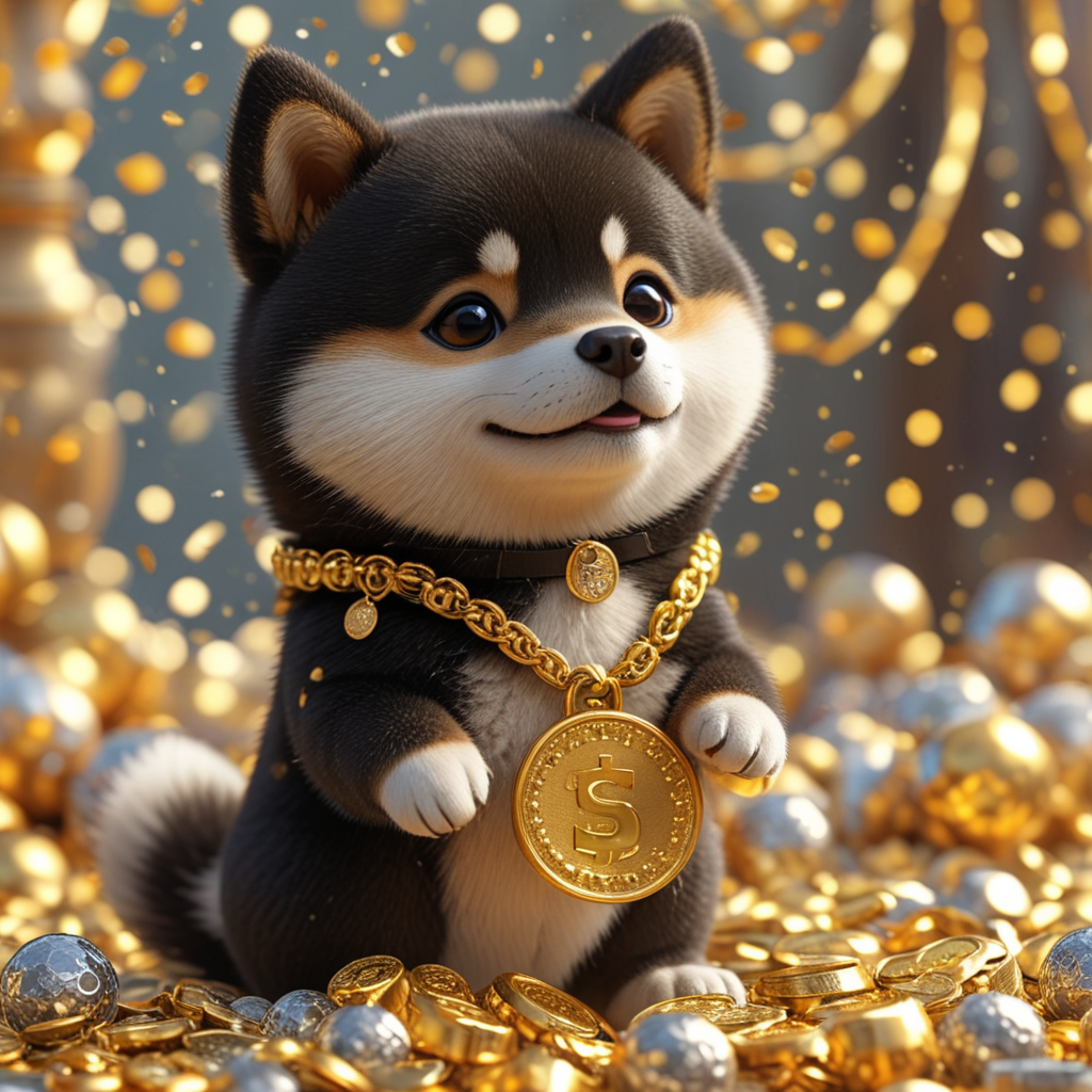 Cute cartoon black Shiba Inu, holding hands full of gold and silver, congratulating people on making a fortune
