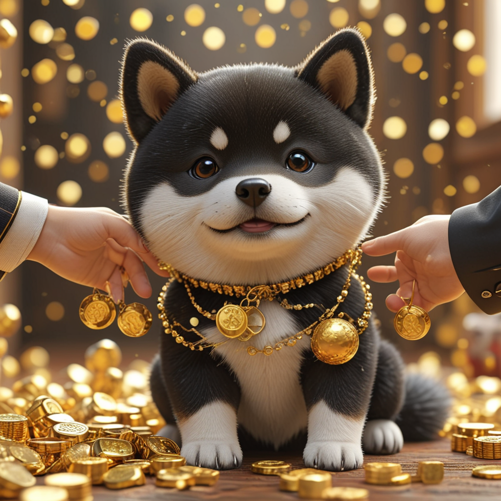 Cute cartoon black Shiba Inu, holding hands full of gold and silver, congratulating people on making a fortune
