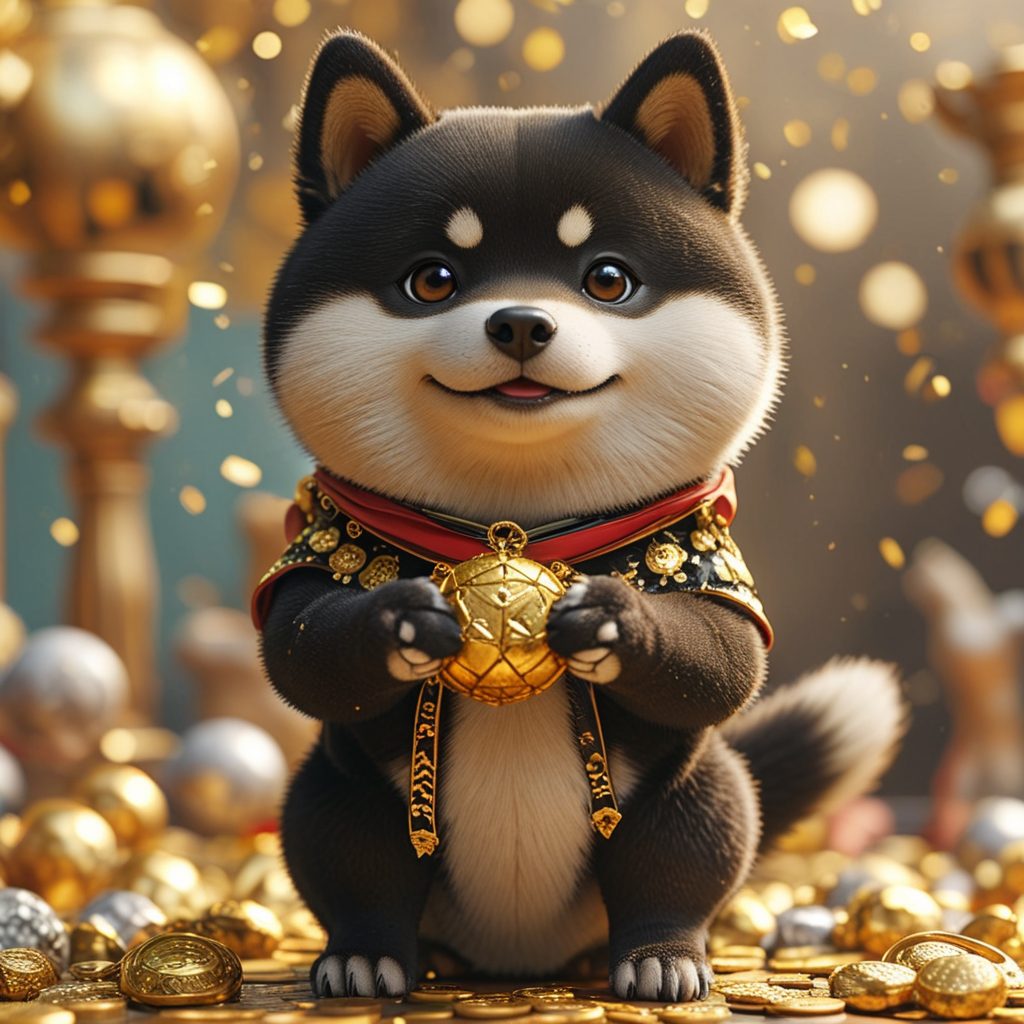 Cute cartoon black Shiba Inu, holding hands full of gold and silver, congratulating people on making a fortune
