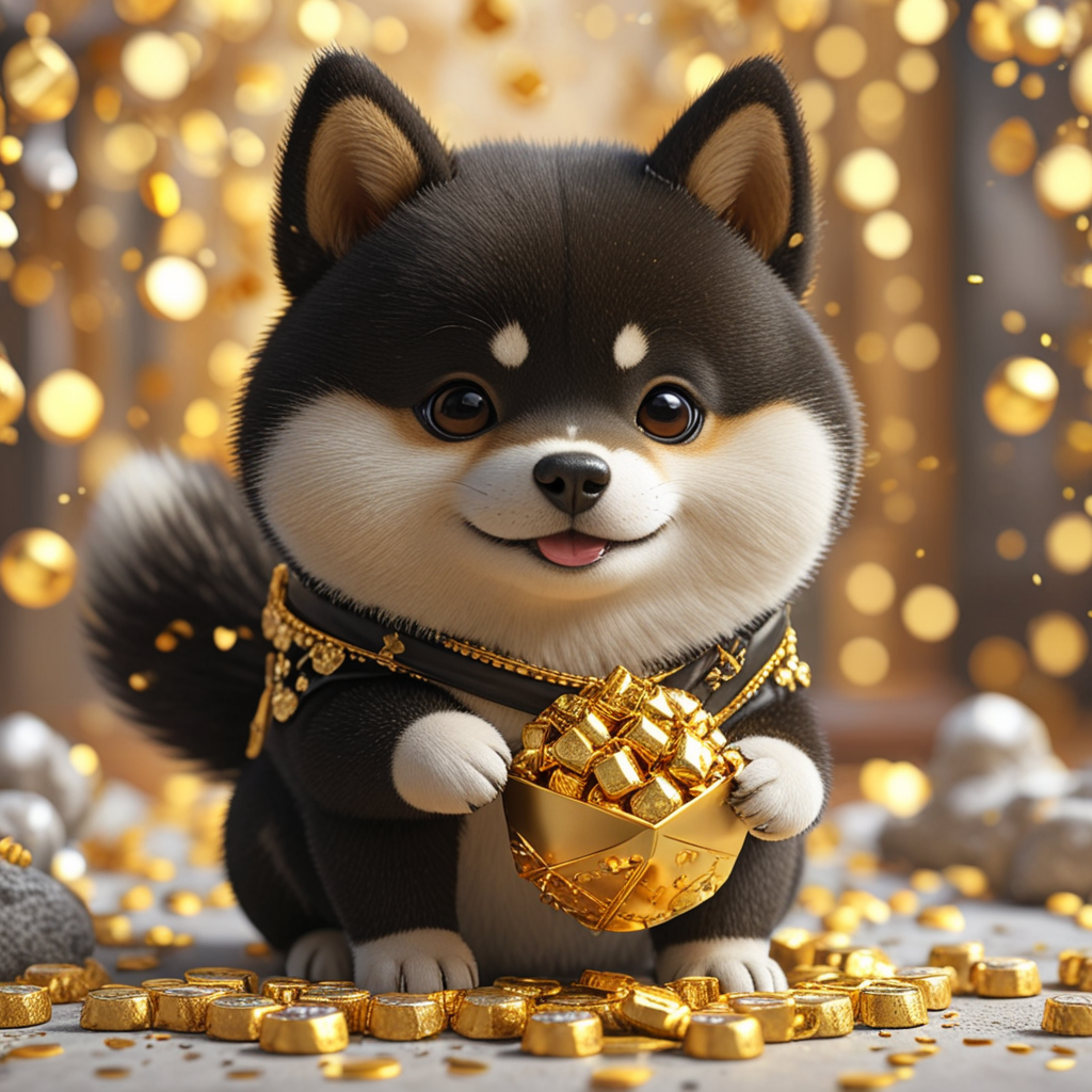 Cute cartoon black Shiba Inu, holding hands full of gold and silver, congratulating people on making a fortune
