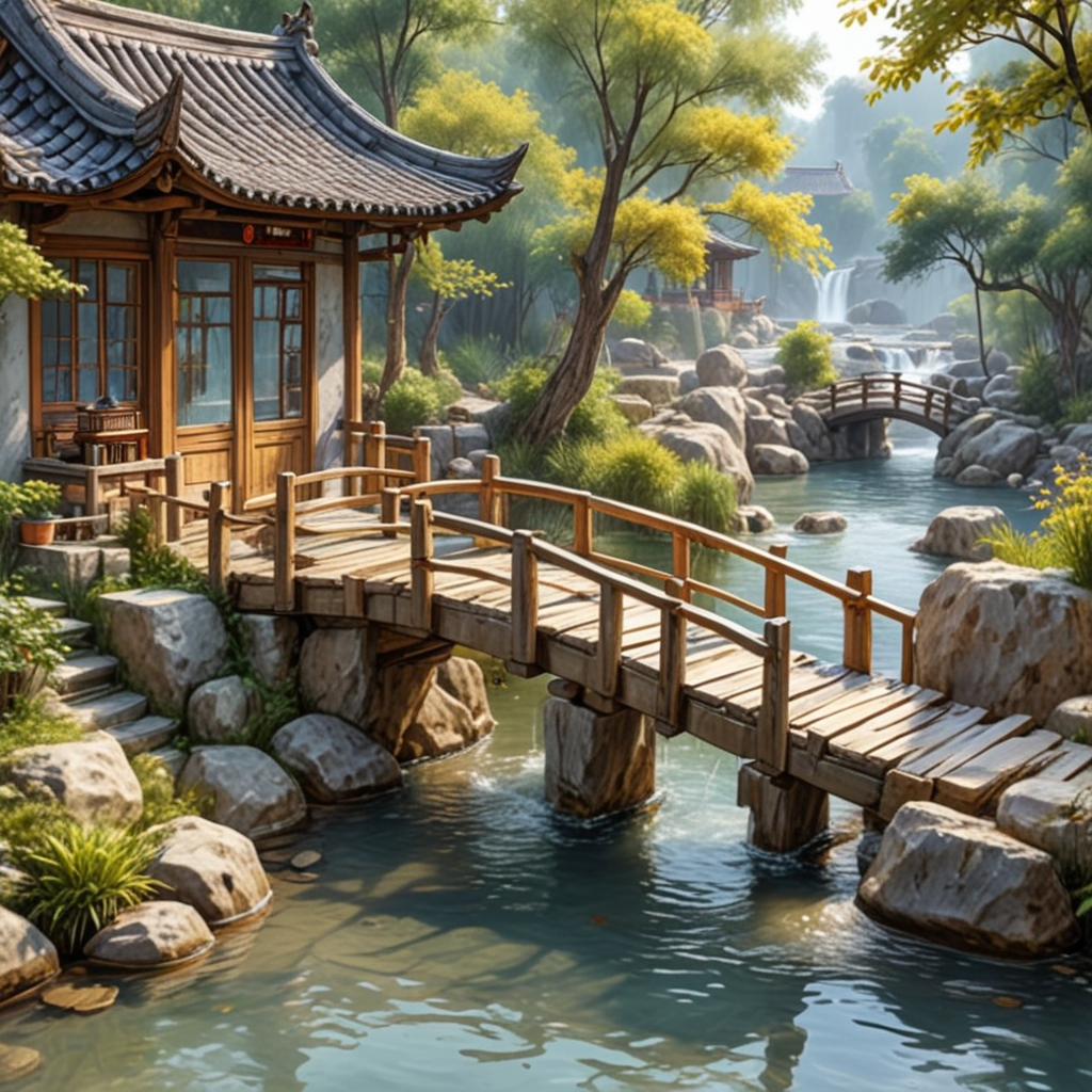 Small bridge, flowing water, households, Chinese style, sketch.