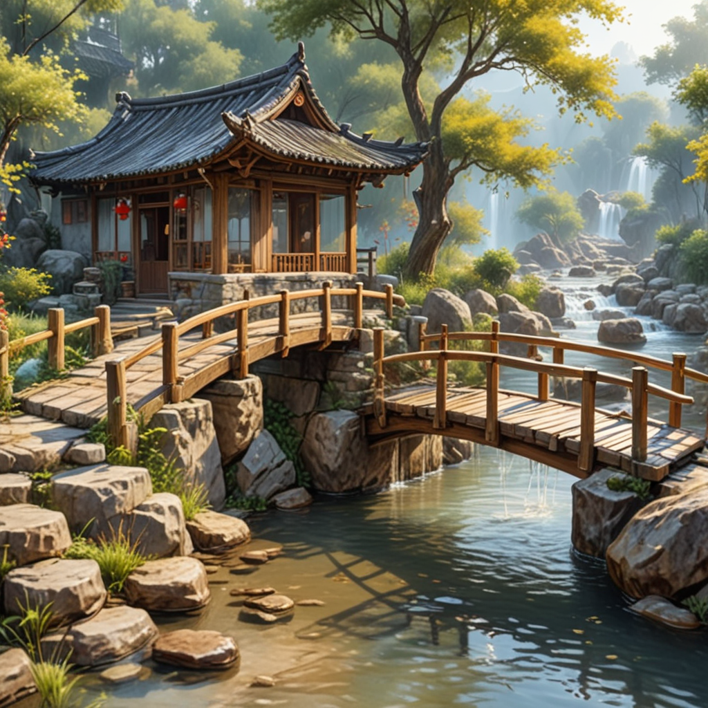 Small bridge, flowing water, households, Chinese style, sketch.