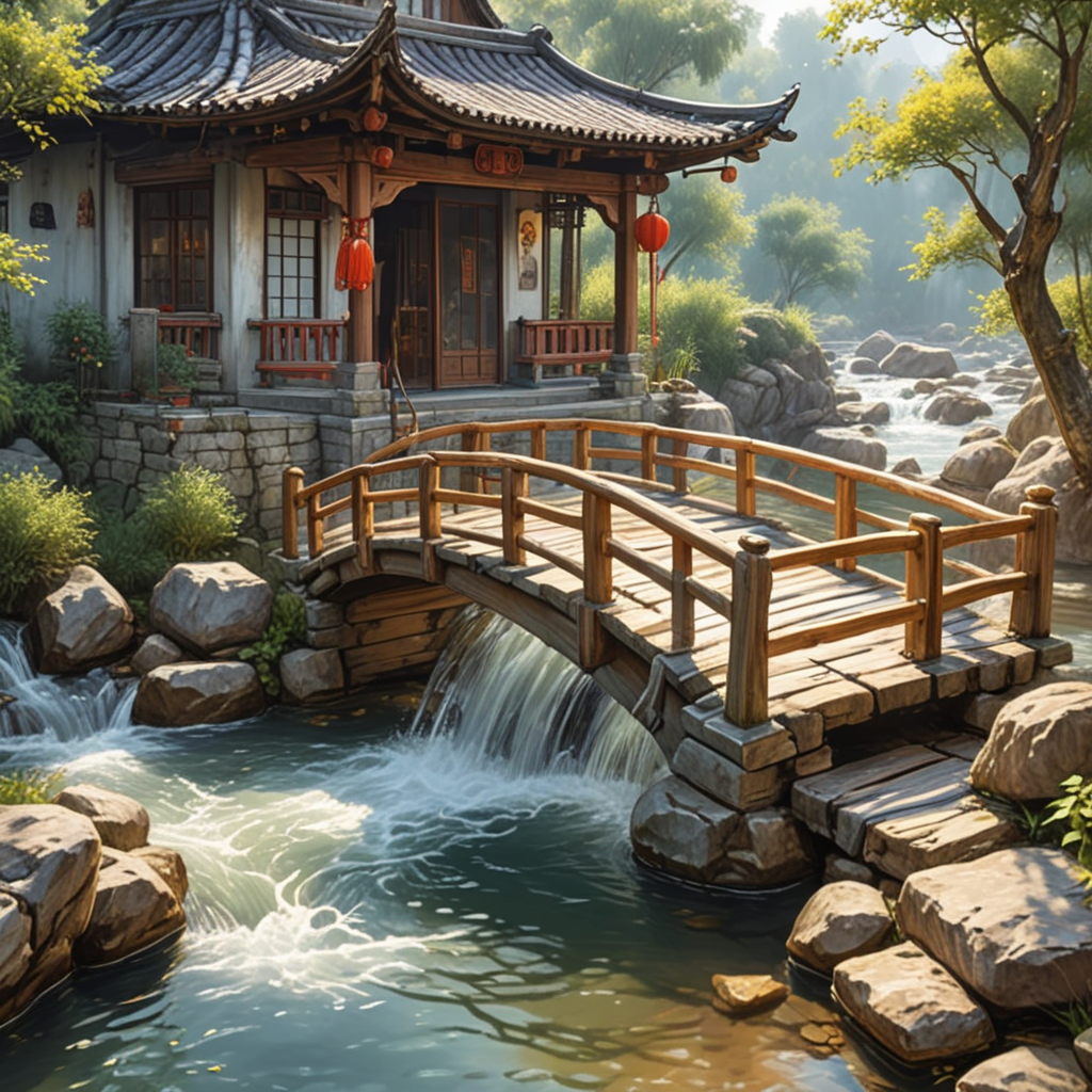 Small bridge, flowing water, households, Chinese style, sketch.