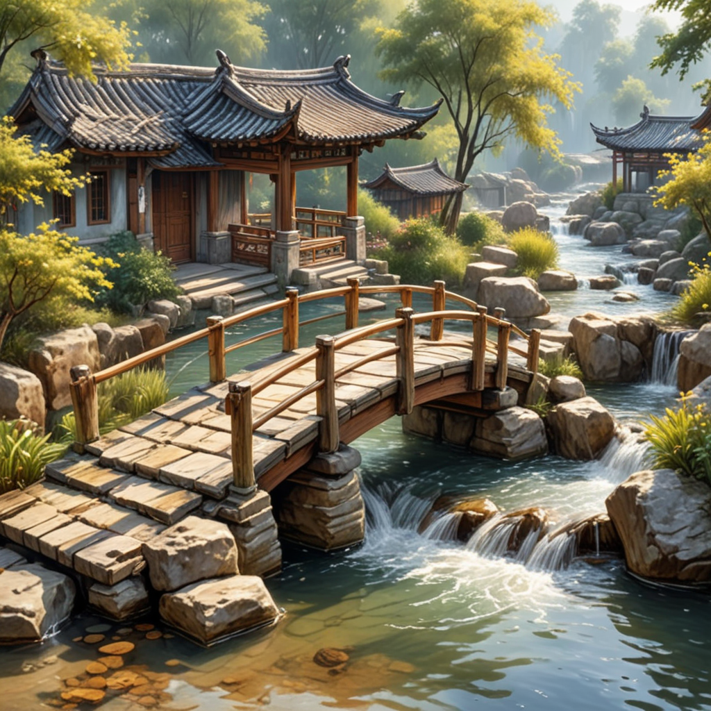Small bridge, flowing water, households, Chinese style, sketch.