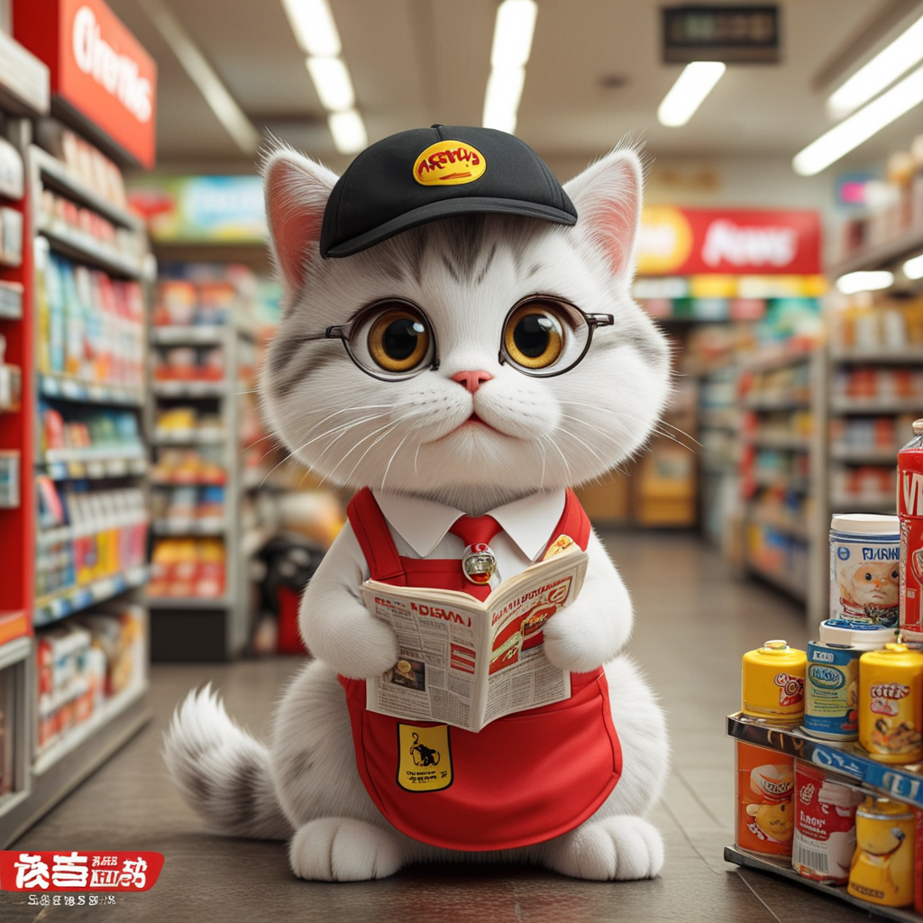 1. Role Positioning Newsy Cat is the mascot of MyNews convenience store, representing quick access to news, food and daily necessities. It symbolizes wisdom, efficiency and convenience, and is suitable for brand promotion, store decoration, peripheral products, etc. 2. Design Elements✅ Species: A clever kitten, representing cleverness, curiosity and quick action. ✅ Color: Red (MyNews brand color)   white/yellow (cat fur color)   gray/black (newspaper element). ✅ Accessories: Wearing glasses (symbolizes intelligence and love of reading news). Apron   clerk hat: Looks like a MyNews convenience store employee, increasing affinity. Cartoon