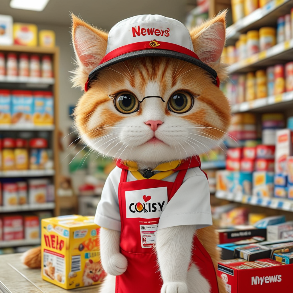 1. Role Positioning Newsy Cat is the mascot of MyNews convenience store, representing quick access to news, food and daily necessities. It symbolizes wisdom, efficiency and convenience, and is suitable for brand promotion, store decoration, peripheral products, etc. 2. Design Elements✅ Species: A clever kitten, representing cleverness, curiosity and quick action. ✅ Color: Red (MyNews brand color)   white/yellow (cat fur color)   gray/black (newspaper element). ✅ Accessories: Wearing glasses (symbolizes intelligence and love of reading news). Apron   clerk hat: Looks like a MyNews convenience store employee, increasing affinity. Cartoon