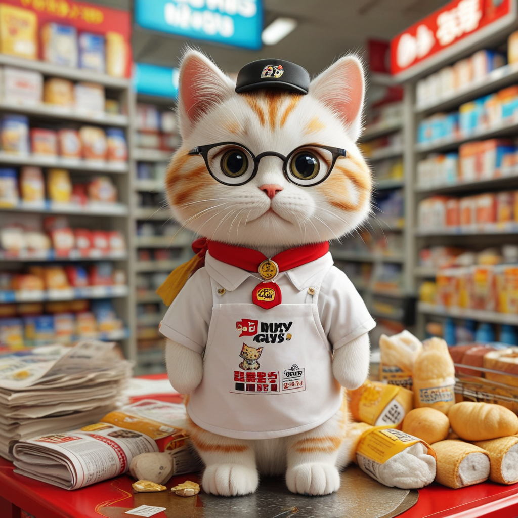 1. Role Positioning Newsy Cat is the mascot of MyNews convenience store, representing quick access to news, food and daily necessities. It symbolizes wisdom, efficiency and convenience, and is suitable for brand promotion, store decoration, peripheral products, etc. 2. Design Elements✅ Species: A clever kitten, representing cleverness, curiosity and quick action. ✅ Color: Red (MyNews brand color)   white/yellow (cat fur color)   gray/black (newspaper element). ✅ Accessories: Wearing glasses (symbolizes intelligence and love of reading news). Apron   clerk hat: Looks like a MyNews convenience store employee, increasing affinity. Cartoon