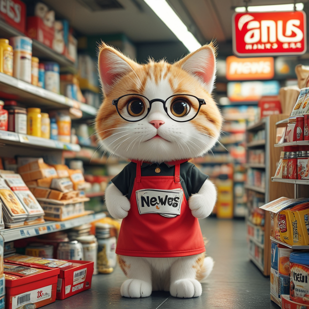 1. Role Positioning Newsy Cat is the mascot of MyNews convenience store, representing quick access to news, food and daily necessities. It symbolizes wisdom, efficiency and convenience, and is suitable for brand promotion, store decoration, peripheral products, etc. 2. Design Elements✅ Species: A clever kitten, representing cleverness, curiosity and quick action. ✅ Color: Red (MyNews brand color)   white/yellow (cat fur color)   gray/black (newspaper element). ✅ Accessories: Wearing glasses (symbolizes intelligence and love of reading news). Apron   clerk hat: Looks like a MyNews convenience store employee, increasing affinity. Cartoon