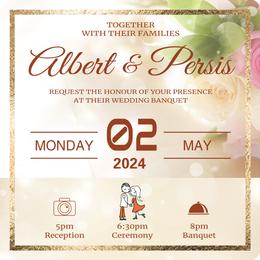 粉紅花朵底金色框中式結婚邀請卡