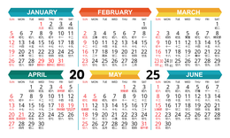 2025年曆卡 公曆加農曆 白底綠藍黃紅裝飾 calendar card