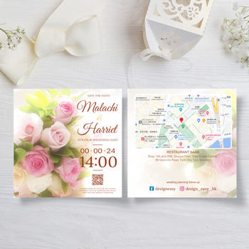 粉紅鮮花帶相框位結婚邀請卡
