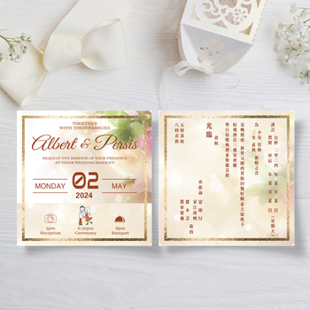 粉紅花朵底金色框中式結婚邀請卡