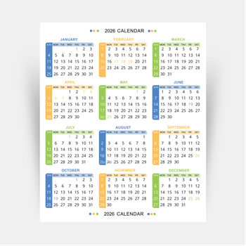 年曆咭2026 白底綠藍黃紅裝飾 calendar card