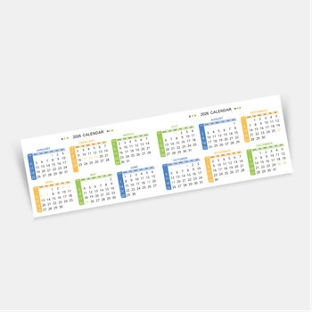 2026年香港年曆卡 壓線 白底綠藍黃紅裝飾  180mm x 54mm calendar card