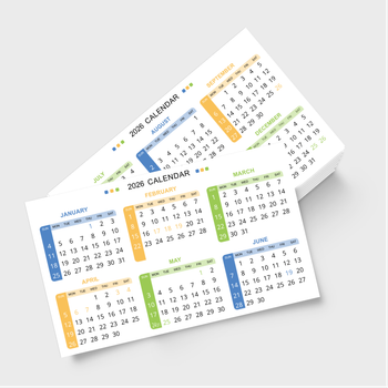2026年年曆卡 白底藍黃綠裝飾 calendar card 90mm x 54mm