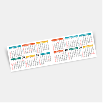 2026 年曆咭 對摺 白底綠藍黃紅裝飾 180mm x 54mm calendar card