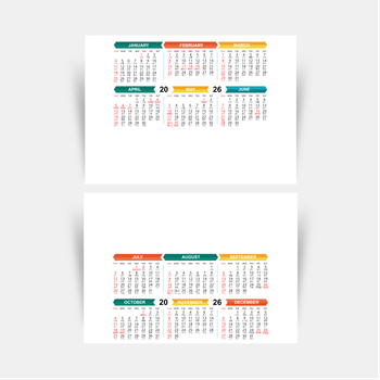 2026年曆卡片 白底綠藍黃紅裝飾 calendar card A5 size 210x148mm