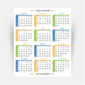 年曆咭2026 白底綠藍黃紅裝飾 calendar card