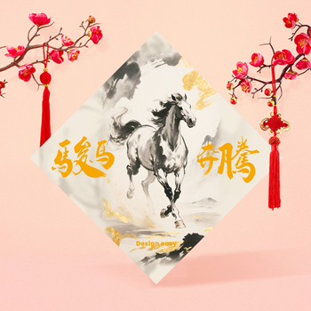 中國風設計模板，黑白灰配色，駿馬水墨圖像 