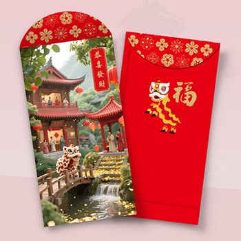 新春紅色設計，含舞獅古建築等傳統元素利是封設計模板 