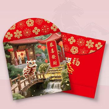 新春紅色設計，含舞獅古建築等傳統元素利是封設計模板 