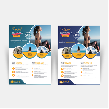 旅遊宣傳海報模板，清新風格，藍黃主色調與視覺元素 