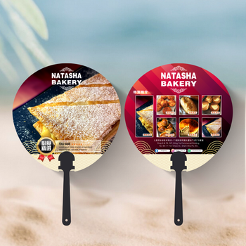 美食推薦圓形扇面設計，深紫藍漸變配金白元素 