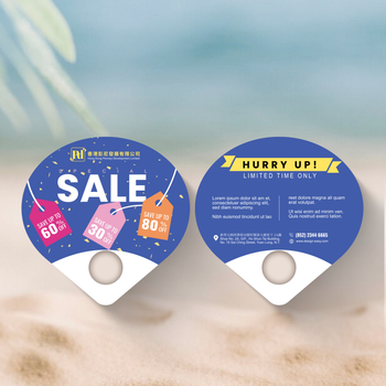 扇形促銷廣告扇，深藍主色搭配亮色標籤及金點 