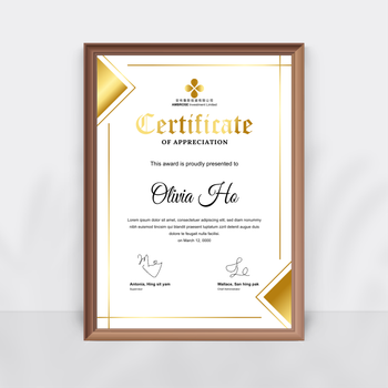 高級正式感謝狀模板，白底金飾，排版層次分明 