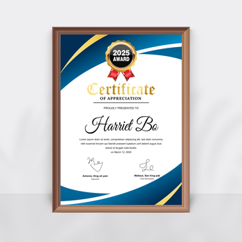 正式榮譽感謝證書模板，藍白金配色，具獎章元素 