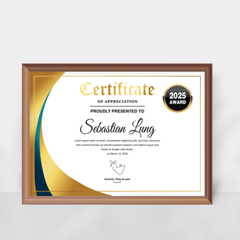 正式榮譽感謝狀模板，白金藍配色，徽章曲線設計 