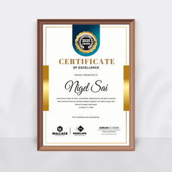 正式莊重優秀證書模板，白金藍配色及波浪紋元素 