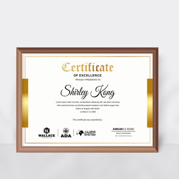 正式高檔證書設計模板，金黑白配色與精緻元素 