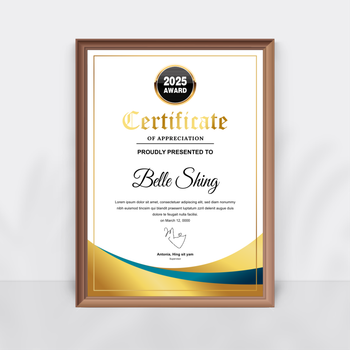 高檔正式獎狀模板，白金藍配色，排版工整圖形精美 