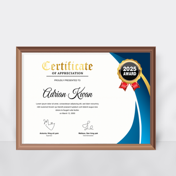 正式莊重感謝狀模板，白藍金黑配色搭配獎章元素 