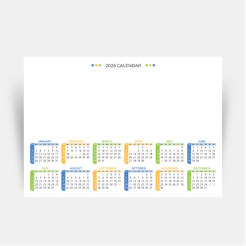 2026年曆卡設計 白底藍黃綠裝飾 297mm x 210mm calendar card