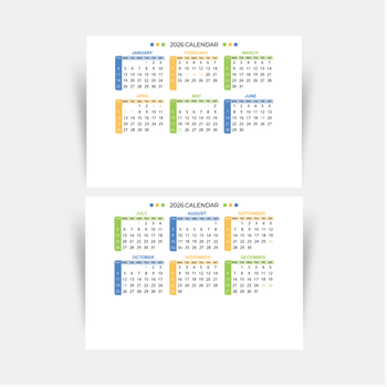 2026年曆咭片 白底藍黃綠裝飾 calendar card A5 size 210x148mm