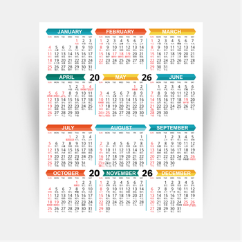 2026年曆咭 白底綠藍黃紅裝飾 calendar card 90x108mm