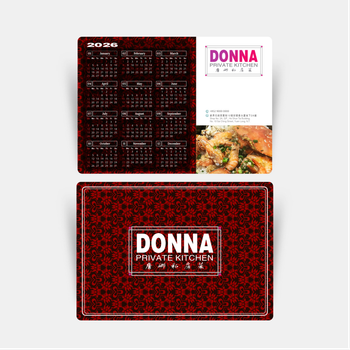 2026年曆卡設計範本 紅色花紋底美食誘惑 calendar card A5 size 210x148mm