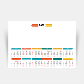 2026香港年曆咭 白底綠藍黃紅裝飾 calendar card