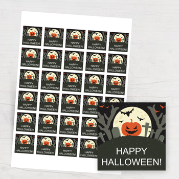 萬聖節主題設計模板，黑底配橙灰白，含南瓜墓碑元素 