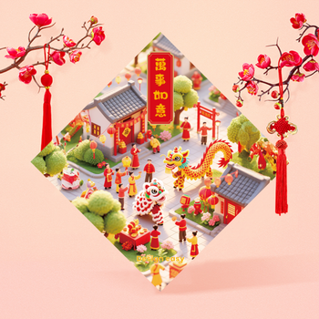 春節主題立體微縮模型，紅金配色傳統元素豐富 