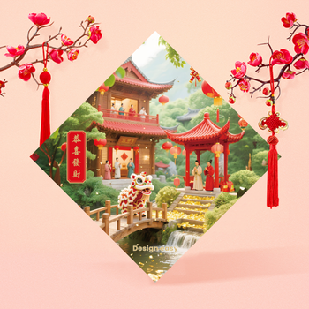 中國新年風格模板，紅金配色，含中式建築舞獅元素 