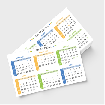2027年年曆卡 白底藍黃綠裝飾 calendar card 90mm x 54mm