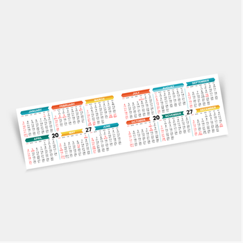 2027 年曆咭 對摺 白底綠藍黃紅裝飾 180mm x 54mm calendar card