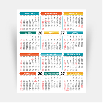 2027年曆咭 白底綠藍黃紅裝飾 calendar card 90x108mm